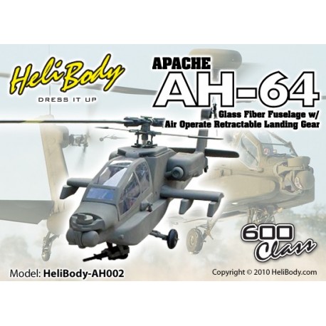 AH002 - Apache AH-64 Glass Fiber Fuselage with Air Operate Retractable Landing Gear - 600 Class (Army Green Camouflage)
